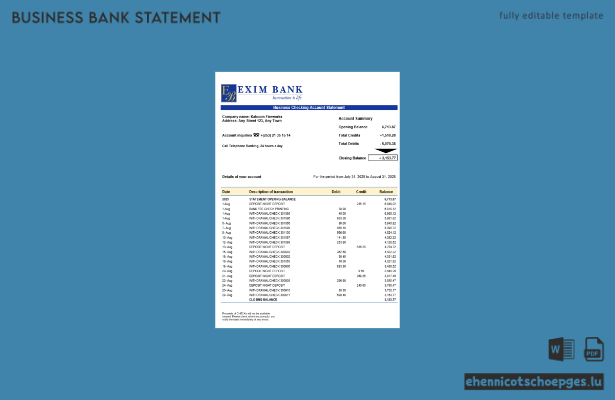 Exim Bank Geschäftskontoauszug – Beispielansicht (Word und PDF)
